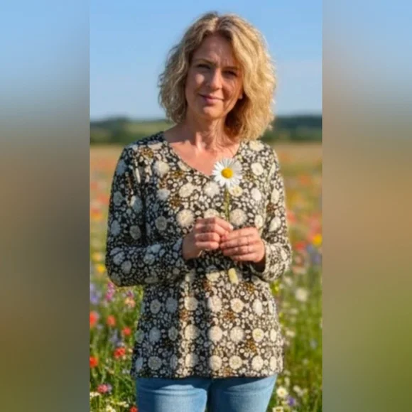 J Jill Shirt Top Black Floral Pima Cotton Size 3X V Neck, Long Sleeve Tee - Picture 1 of 9